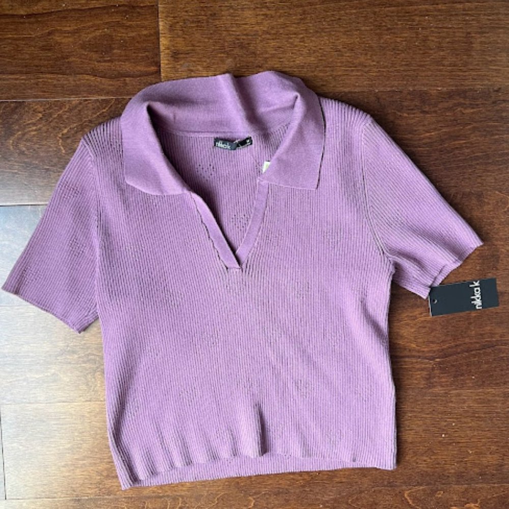 Embroidered Hearts Purple Cropped Polo  Medium